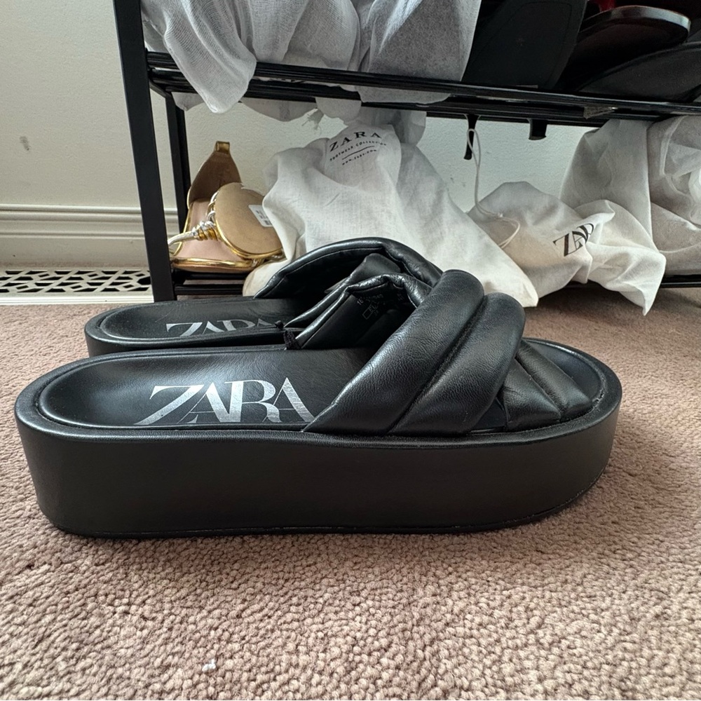 Zara Genuine Leather Platform Black Criss-Cross Slides - Picture 3 of 6